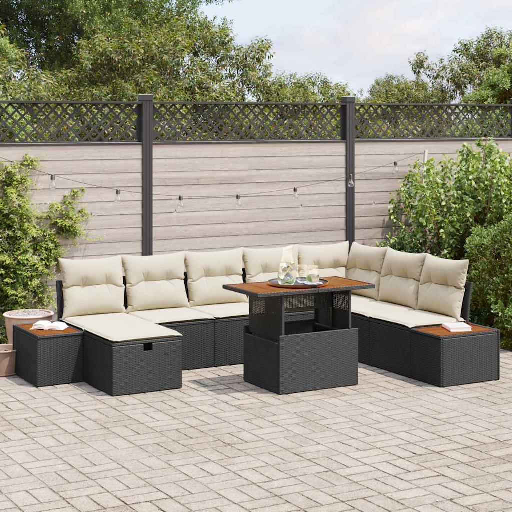 Garten-Sofa-Set mit Kissen 9 pcs Schwarz Poly Rattan